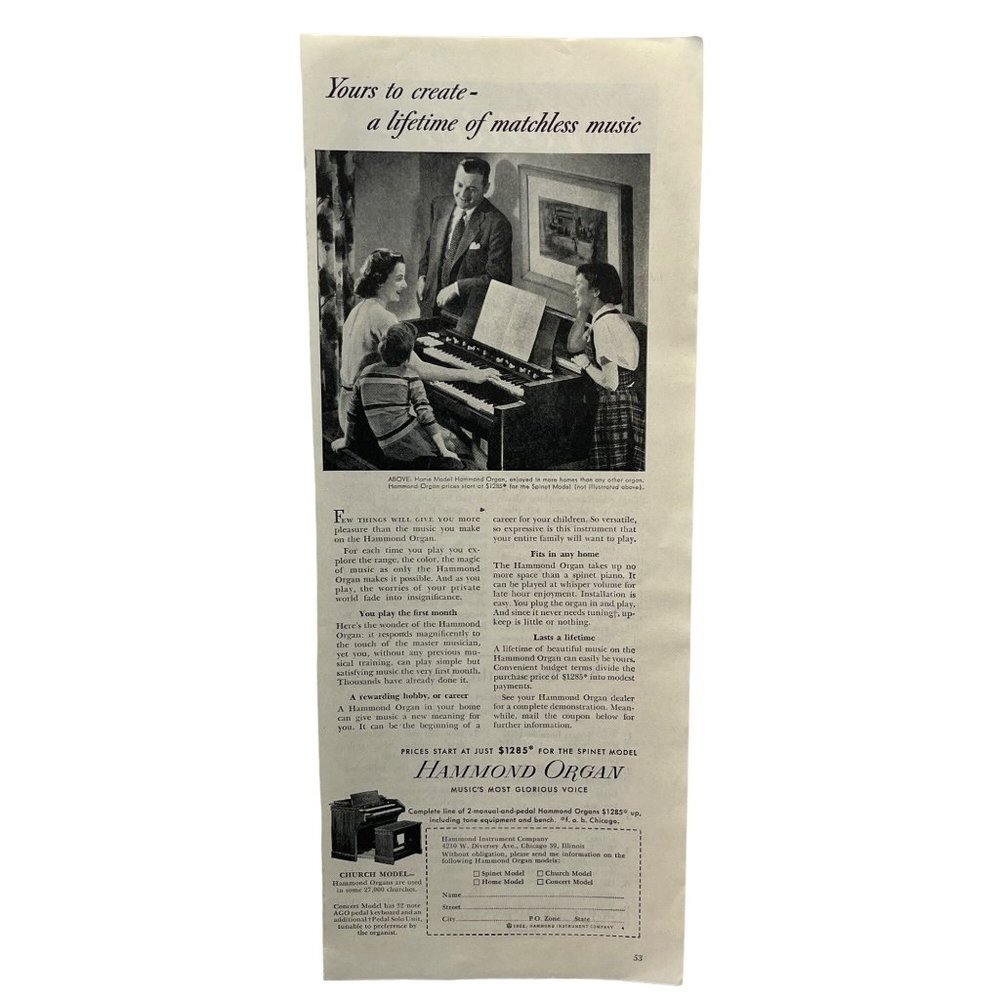 Hammond Organ Vintage Print Ad 1952 Spinet Church Model Chicago Illinois